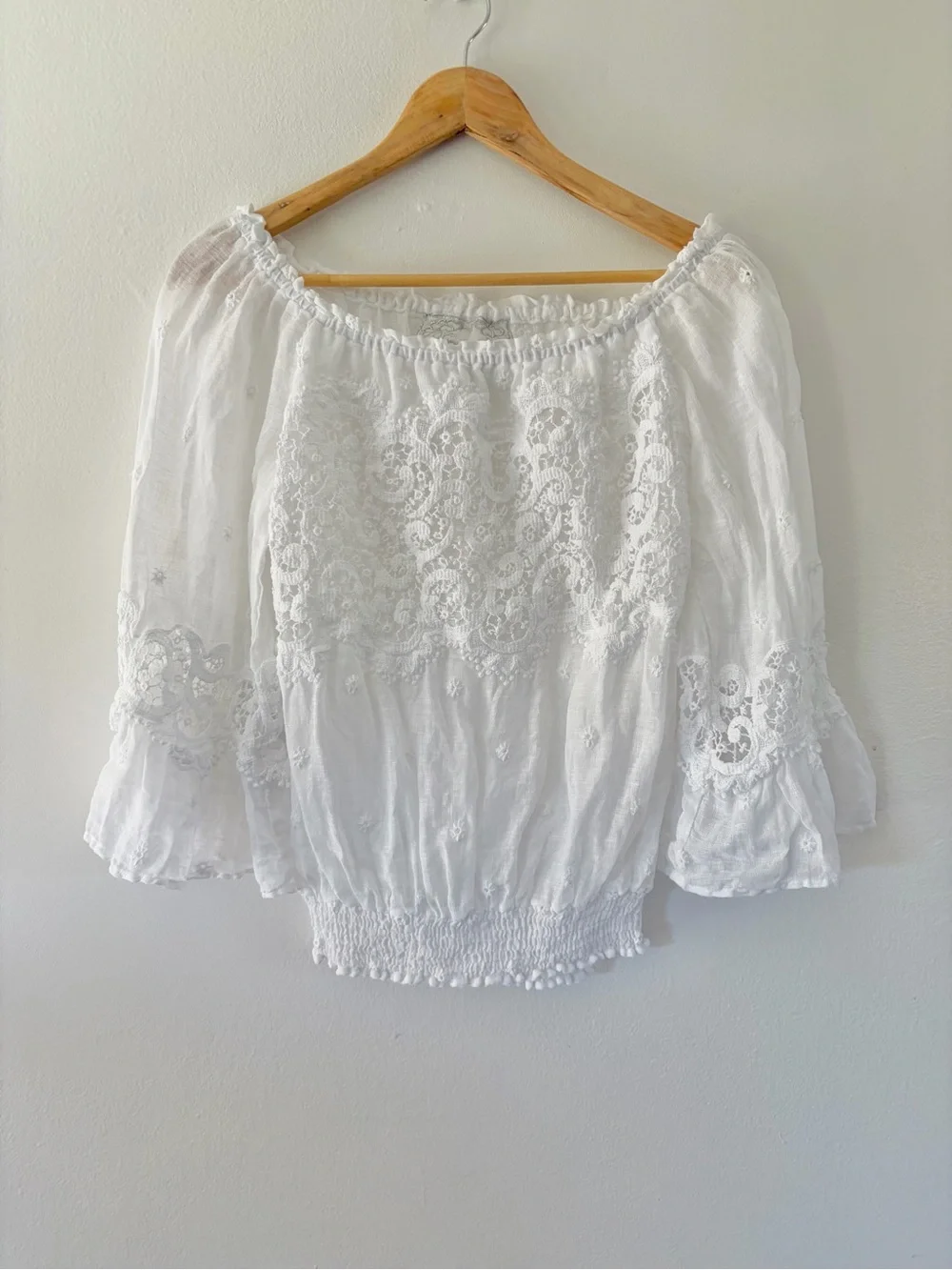 Temptations Positano White Linen Off The Shoulder Crochet Lace Boho Peasant Top